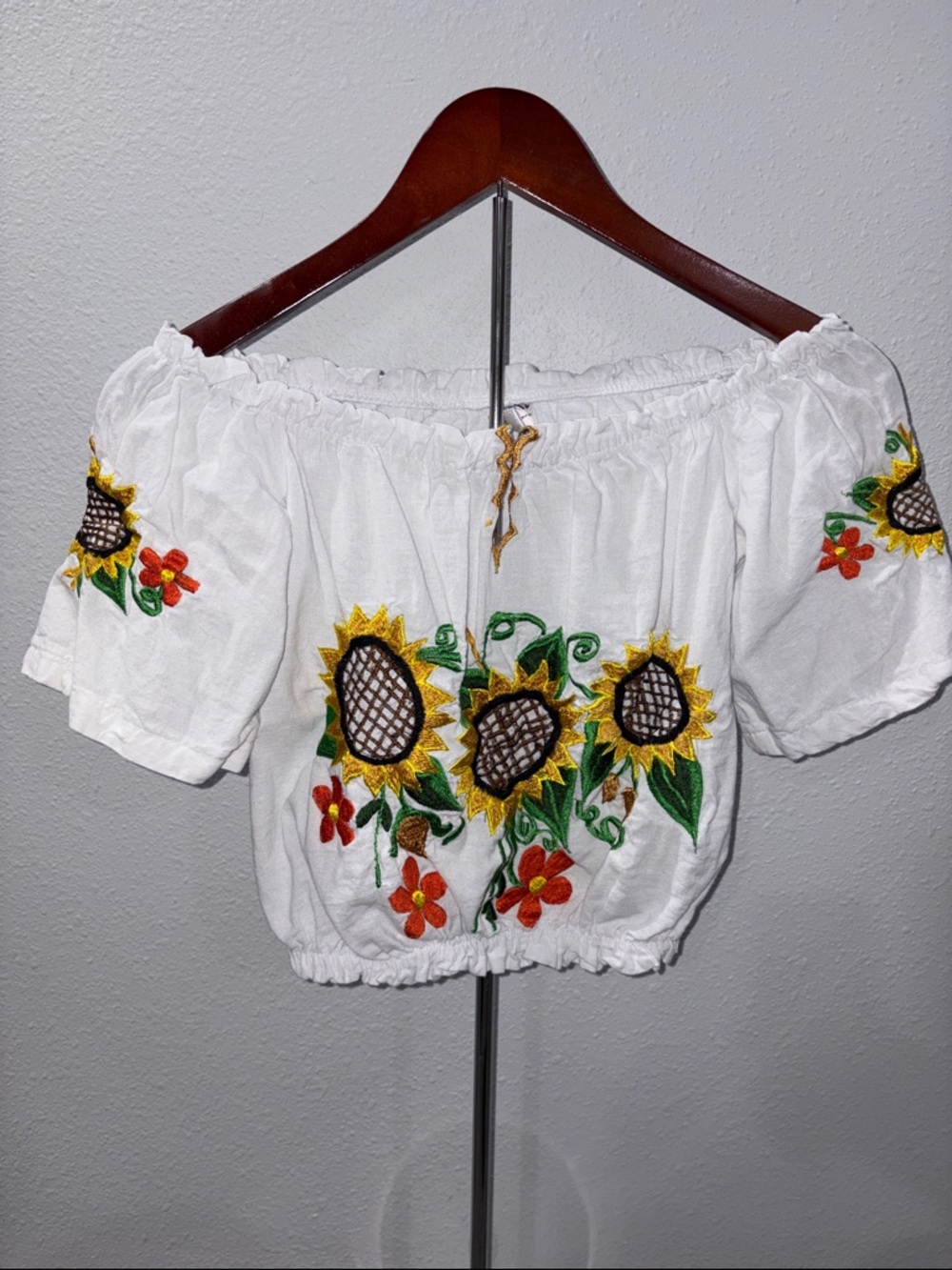 White Off-Shoulder Sunflower Embroidered Crop Top